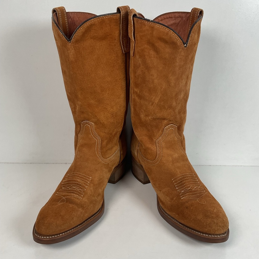 Vintage Wolverine Full Suede Cowgirl Boots 8 M Harvest Wheat Vibram - Picture 10 of 16